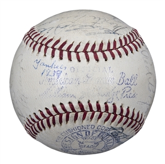 1939 New York Yankees Team Signed OAL Harridge Baseball With 25 Signatures Including Rolfe, Gordon, and Gehrig (JSA)